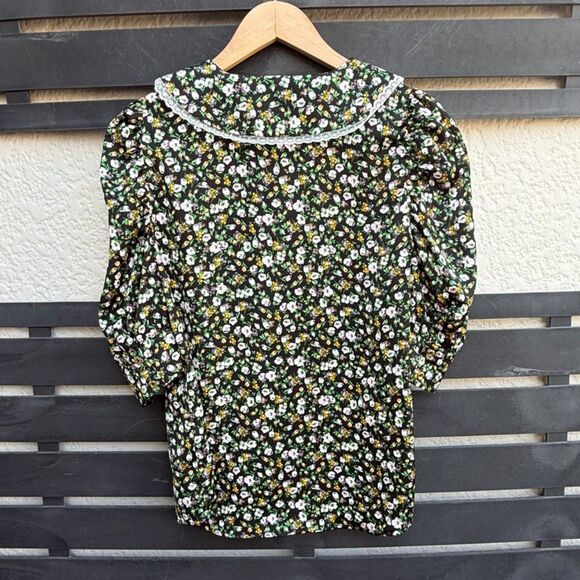 Halston Floral Lace Trim Peter Pan Collar Blouse | Floating Ditsy Black | Small - Picture 5 of 9